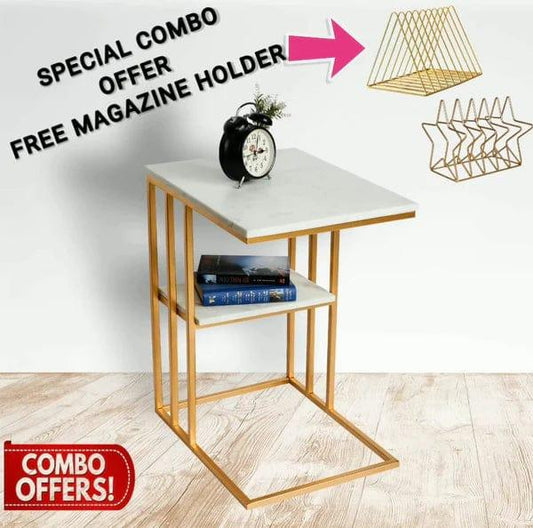 Creative White Marble & Metal Stone Side/Coffee Table With Magazine Holder ( Random Design )