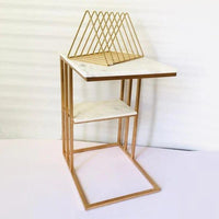 Creative White Marble & Metal Stone Side/Coffee Table With Magazine Holder ( Random Design )