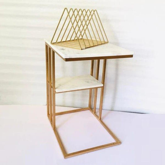 Creative White Marble & Metal Stone Side/Coffee Table With Magazine Holder ( Random Design )