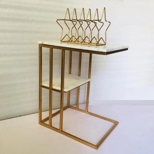 Creative White Marble & Metal Stone Side/Coffee Table With Magazine Holder ( Random Design )