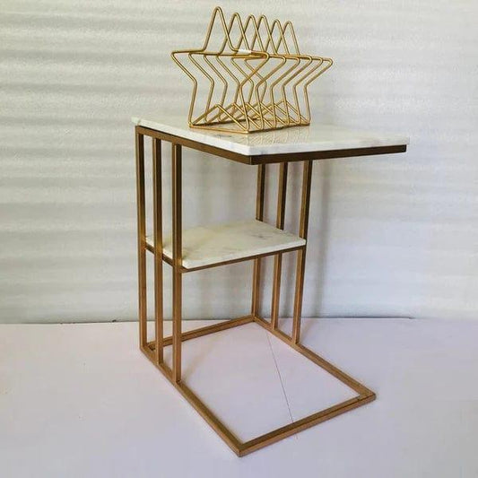 Creative White Marble & Metal Stone Side/Coffee Table With Magazine Holder ( Random Design )