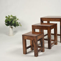 Set of 3 Sheesham Wood Nesting Stools – Compact & Durable Indoor/Outdoor Wooden Seating