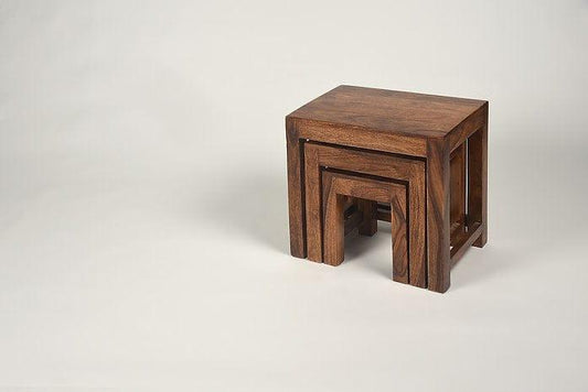 Set of 3 Sheesham Wood Nesting Stools – Compact & Durable Indoor/Outdoor Wooden Seating