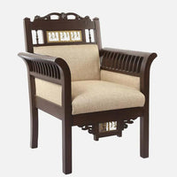 Teak Wood 1 Seater Sofa in Beige & Walnut Finish