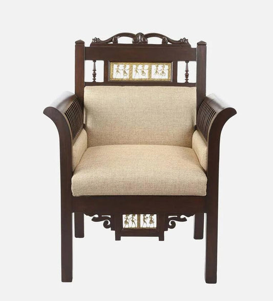 Teak Wood 1 Seater Sofa in Beige & Walnut Finish